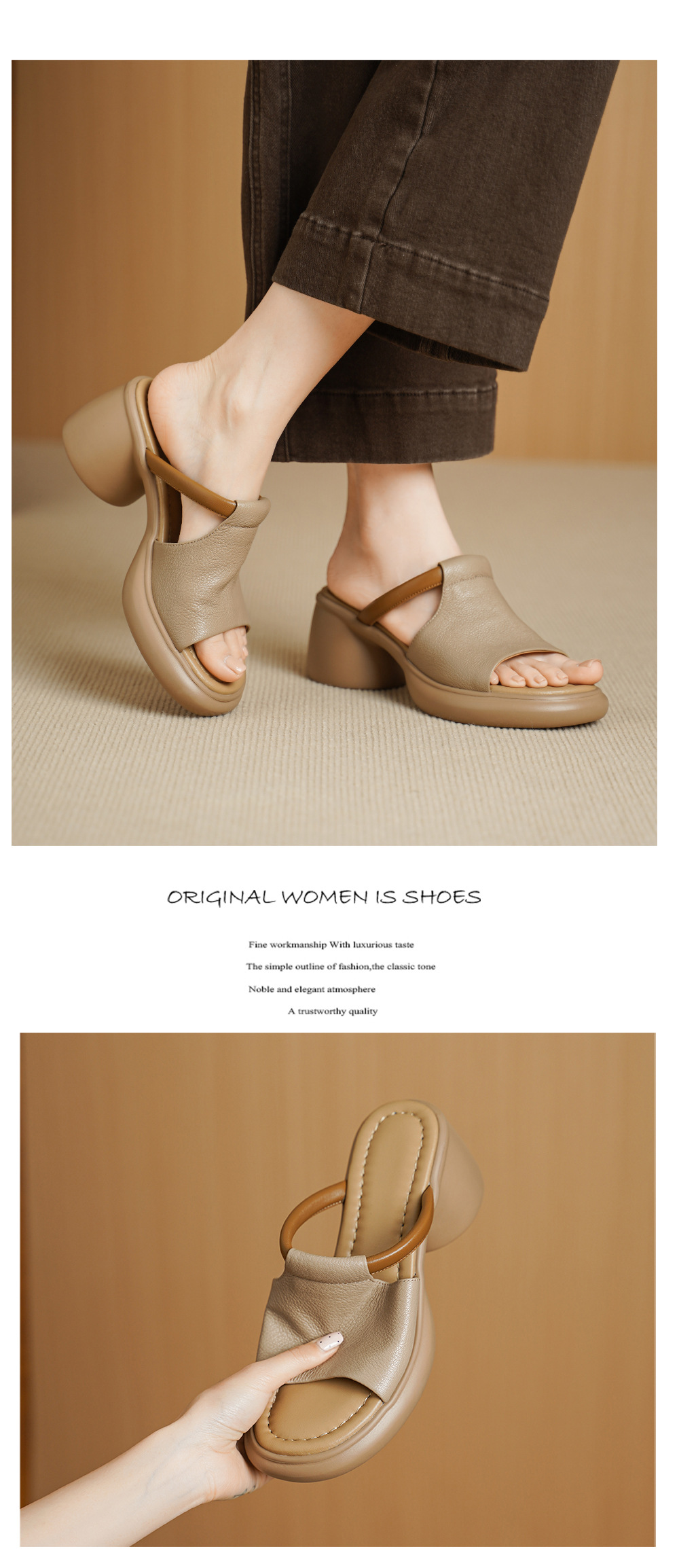 Sandal nữ hở mũi gót vuông đế dày da dê cao cấp — màu trắng ngà chi tiết 8