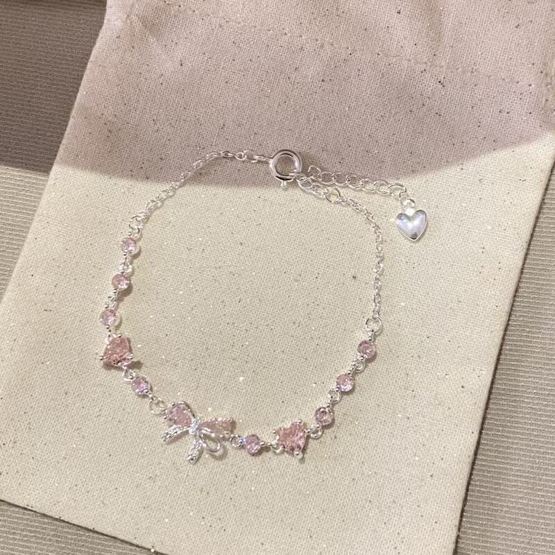 Copper Cool-Toned Rhinestone-Embellished Bowknot Heart Bracelet, Korean Style, Dazzling and Elegant, Light Luxury, High-End Fashion Silver Jewelry