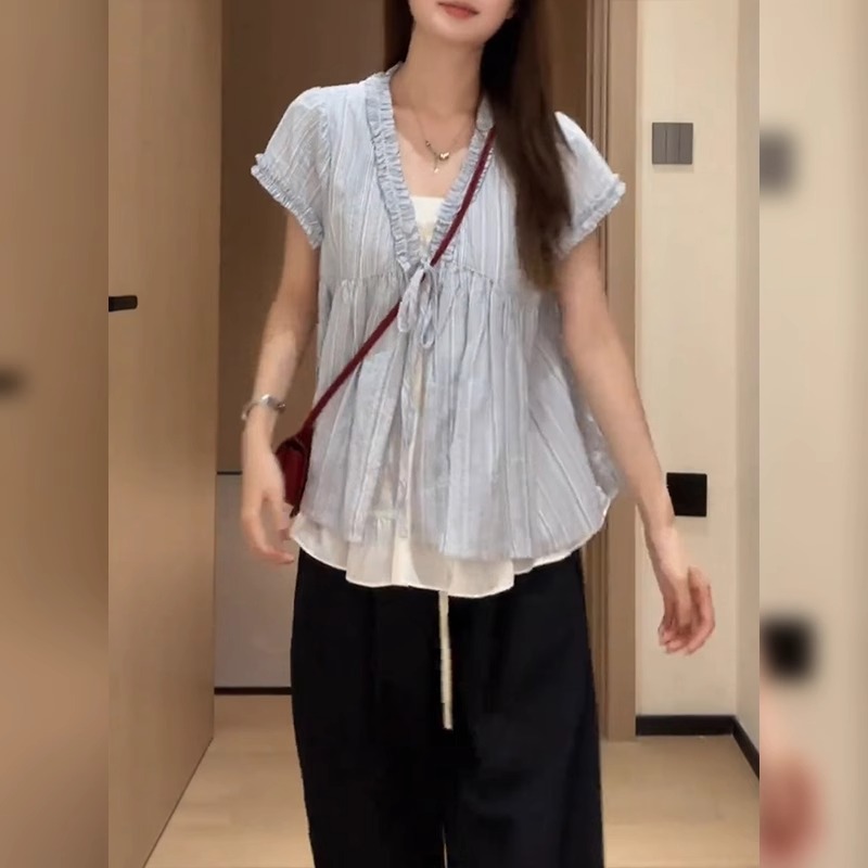 Áo sơ mi nữ giả hai mảnh tay ngắn sọc mỏng form rộng — Màu xanh lam chi tiết 3
