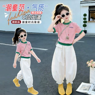 女童套装2026年新款夏装洋气时髦中大童韩版拼色短袖棉布裤两件套