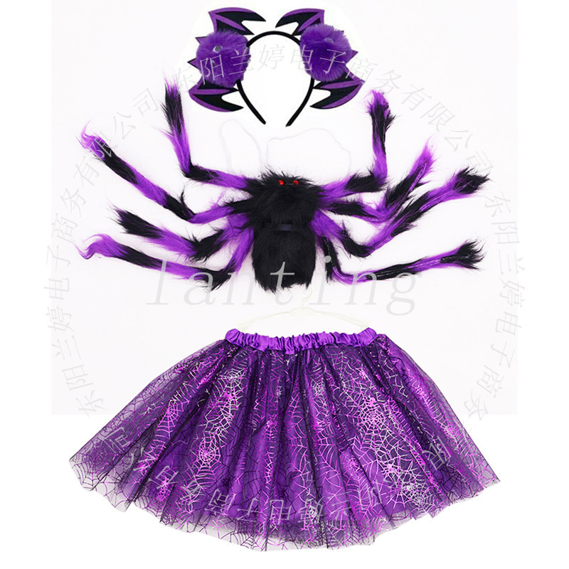 Children's Halloween Party Spider Back Decoration Tutu Skirt Headband Set Holiday Party Decoration Cos Spider Set