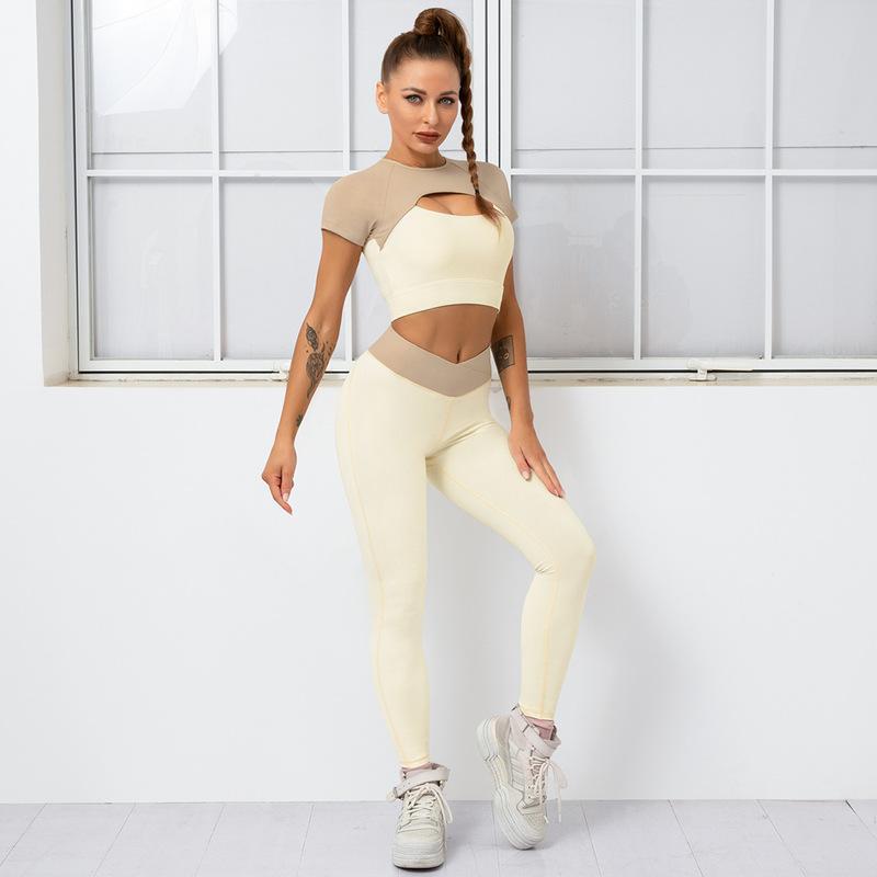 hip-lifting high-elastic short sleeve hollow tight high waist solid color top and trouser set NSNS131745