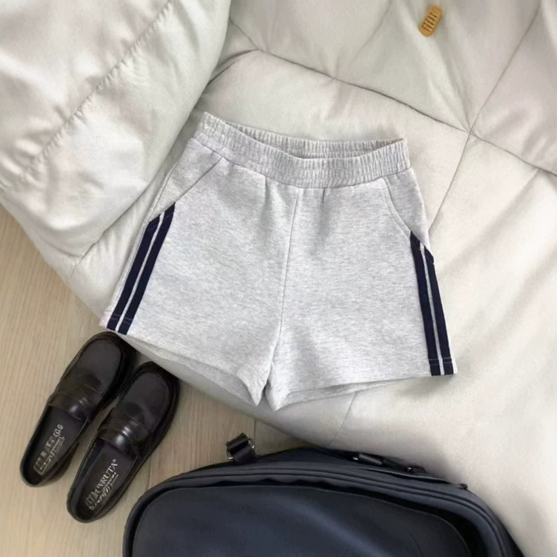 Japanese-Style Gray Shorts for Women, New Summer Striped Sports Casual Simple Sweatpants, College Style Color-Blocking Pants
