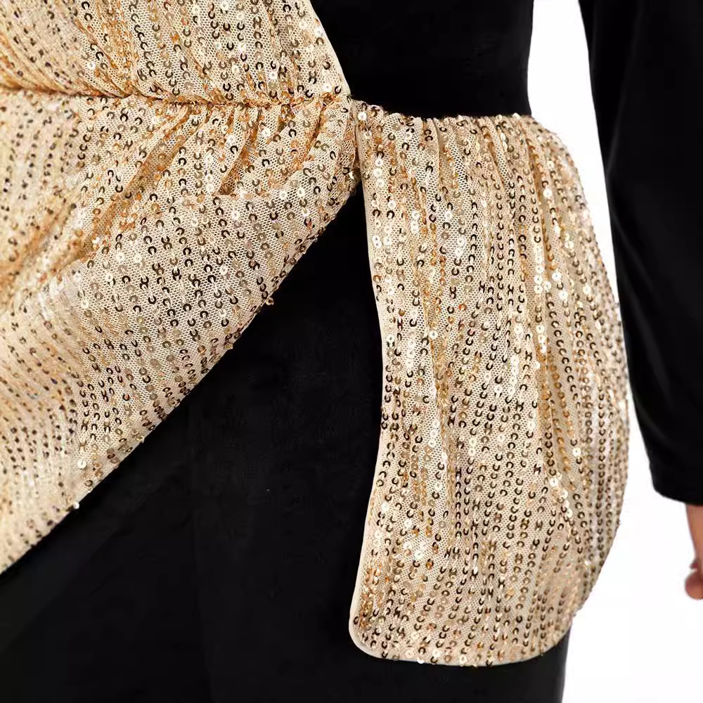Mono elegante de lentejuelas de dos tonos, negro y dorado, de cintura alta, estilo transfronterizo de Amazon 2025.