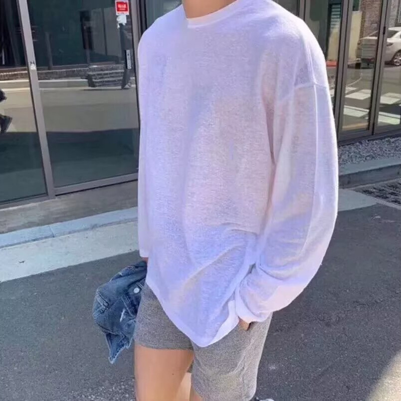 Summer Spring and Autumn T-Shirt Men's Long-Sleeved White Thin Korean Style Loose Trendy Ins Sun Protection Bottoming Shirt Men's Clothing