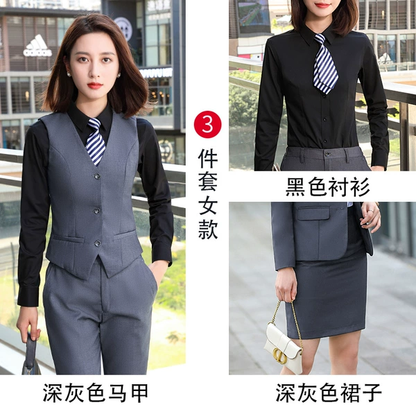 [Female model] Gray vest+black shirt+gray skirt