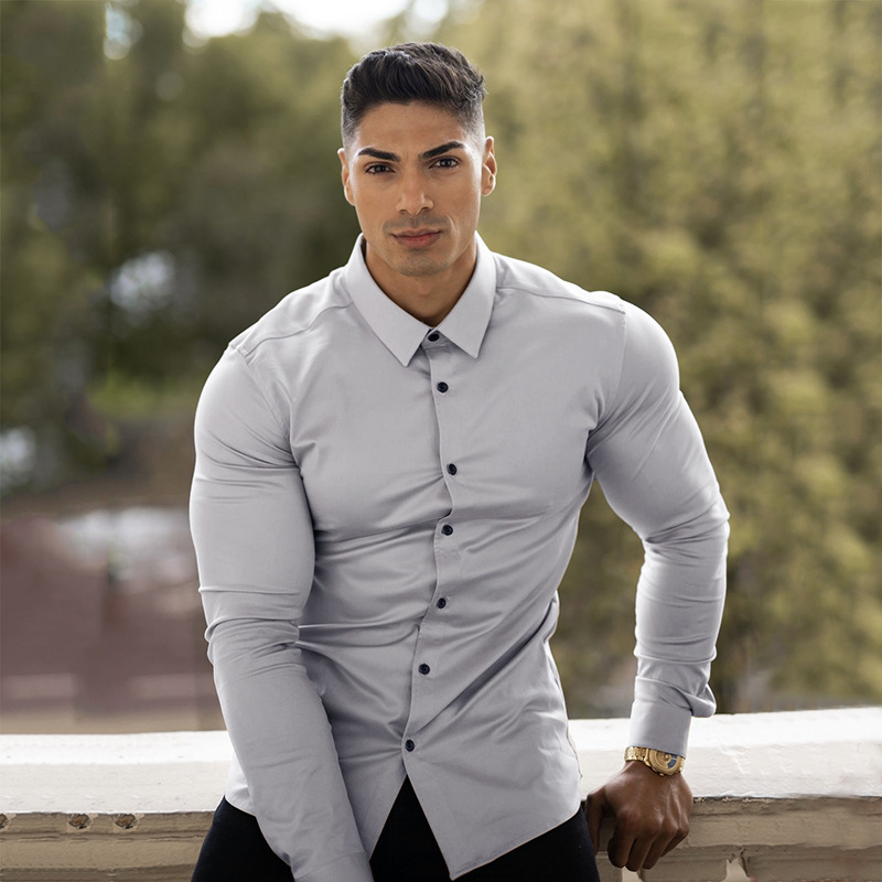 Músculo de los hombres de moda de deportes casual Camisa de manga larga de solapa micro elástico Delgado fitness cardigan negocio no planchar camisa
