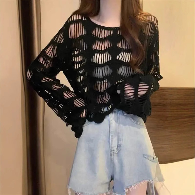 Bohemian Ethnic Style Short Sunscreen Blouse Women's Spring and Summer Tulle Hollow Ice Silk Knitted Mesh Long-sleeved T-shirt
