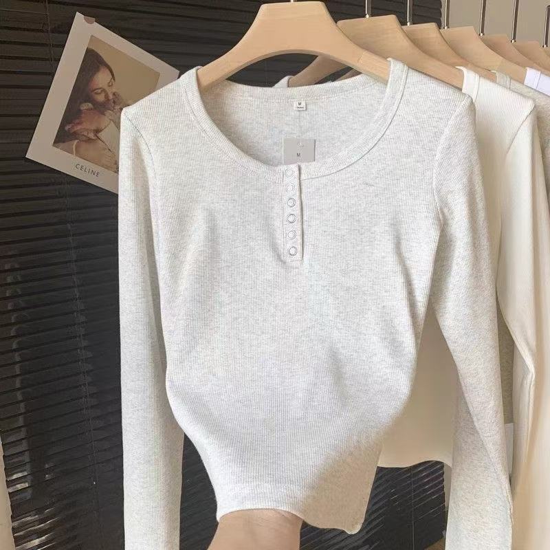 灰色螺纹长袖t恤女秋冬新款小众修身显瘦内搭打底衫百搭上衣ins潮|undefined