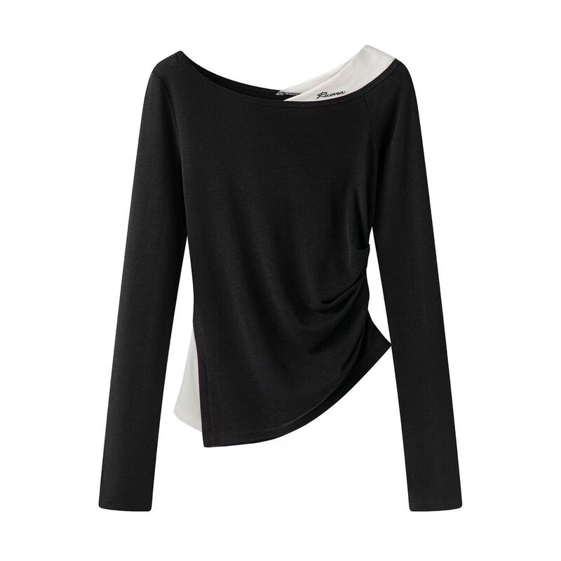 Same style as in the A** mall, 2026 autumn new collection: fashionable and elegant pleated, waist-cinching, slimming T-shirt with contrasting color patchwork Same style as in the A** mall, 2026 autumn new collection: fashionable and elegant pleated, waist-cinching, slimming T-shirt with contrasting color patchwork