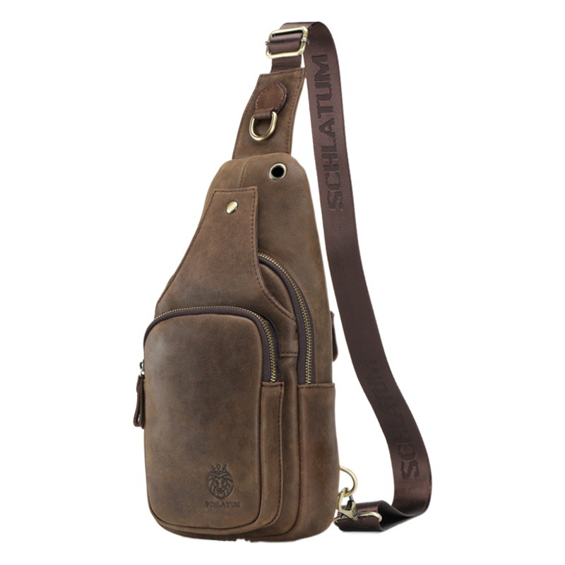 Leiden Genuine Leather Crossbody Chest Bag for Men, European and American Retro Style, New Top-Layer Cowhide, Foreign Trade Cross-Border Men's Front Shoulder Bag