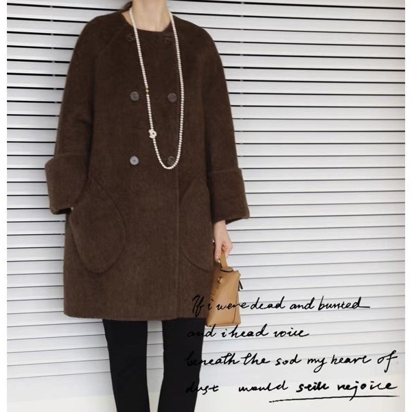 特冬新款私服时髦大气简约翻袖中长驼绒羊毛双面呢大衣外套