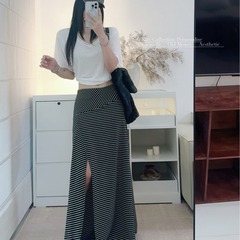 黑色条纹针织半身裙女设计感小众高腰开叉半裙