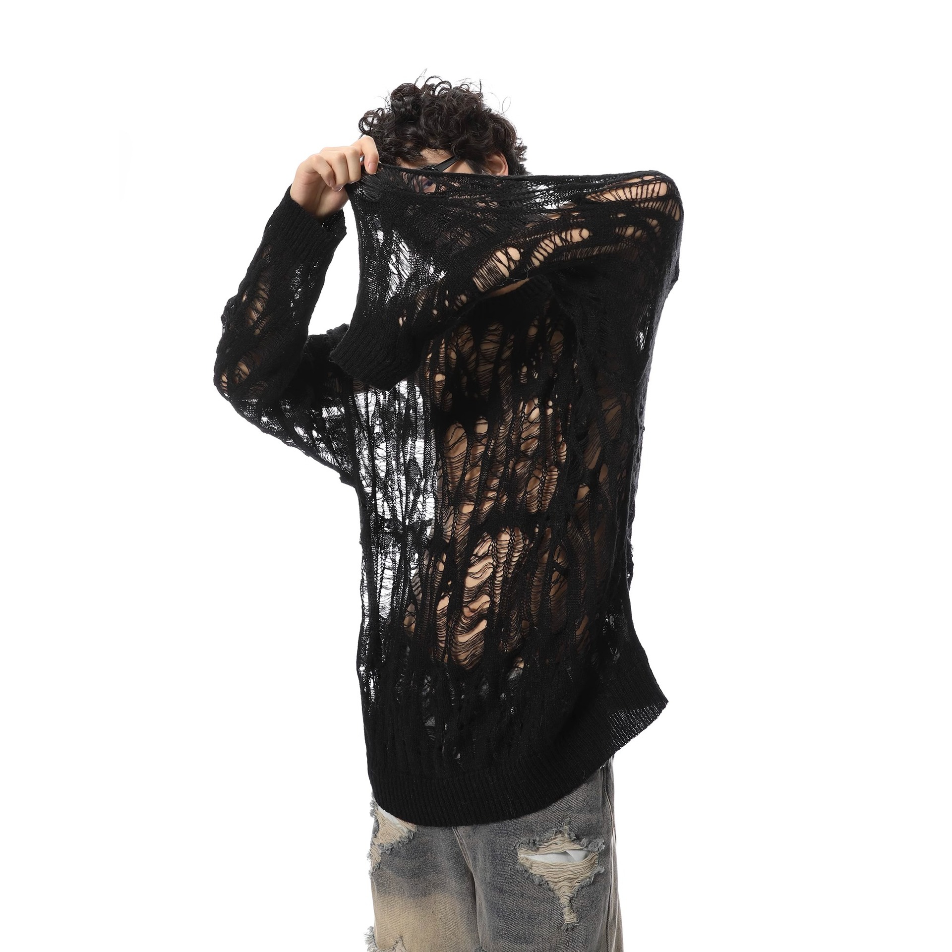 Diseño de nicho sensación de hollow overhead suéter hombre relajado casual versátil perezoso agujero jersey top