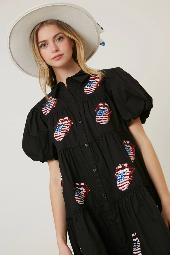 Women's Regular Dress Vacation Shirt Collar Sequins Short Sleeve Mouth American Flag Above Knee Daily display picture 3