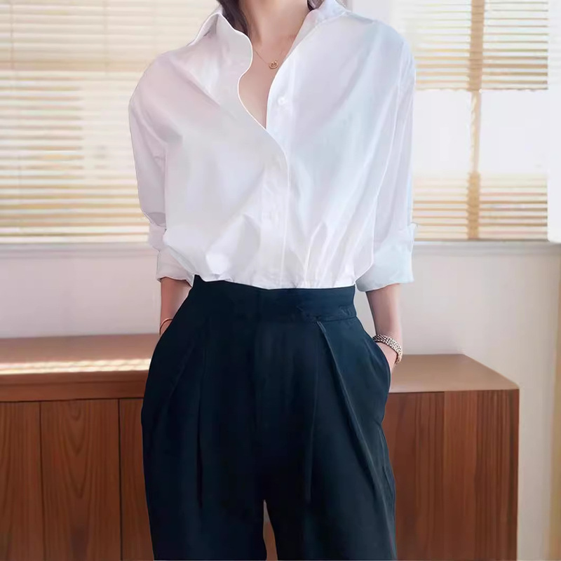 in stock New Loose Elegant Shirt Lazy Style Design Pure Cotton French Style White Shirt Long Sleeve Women