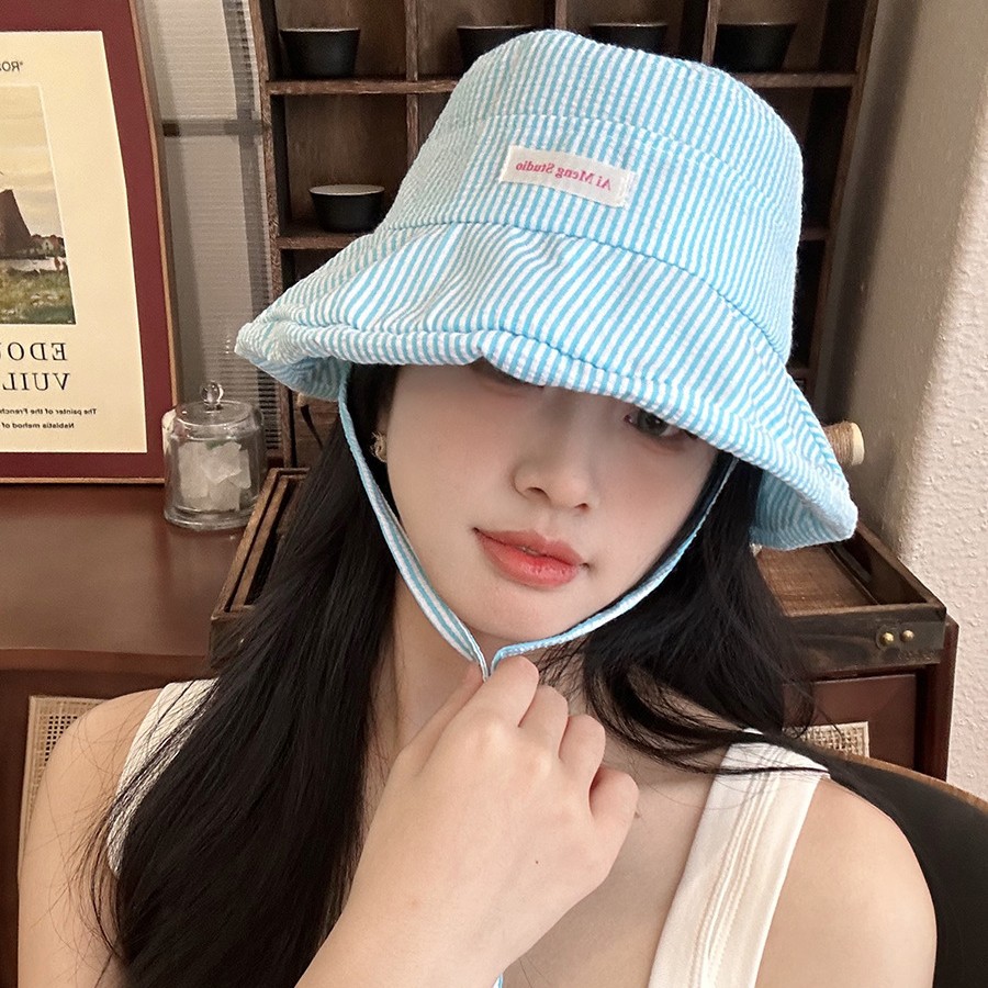条纹渔夫帽子女2025新款夏季小清新户外防晒帽百搭显脸小遮阳帽潮