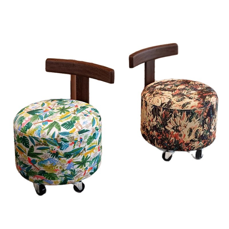 Taburete de rueda universal, silla de respaldo de madera sólida doméstica, taburete de salón, taburete retrógrado bajo, taburete de cambio de zapatos