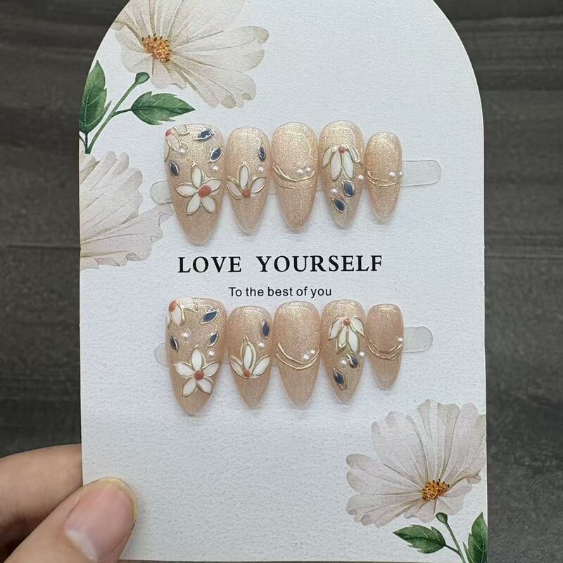 Daewoo Nail Art Purely Handmade Wearable Nails Almond Shape Japanese Style Enamel Painting Hand-Painted Flowers Cat Eye Daily Style