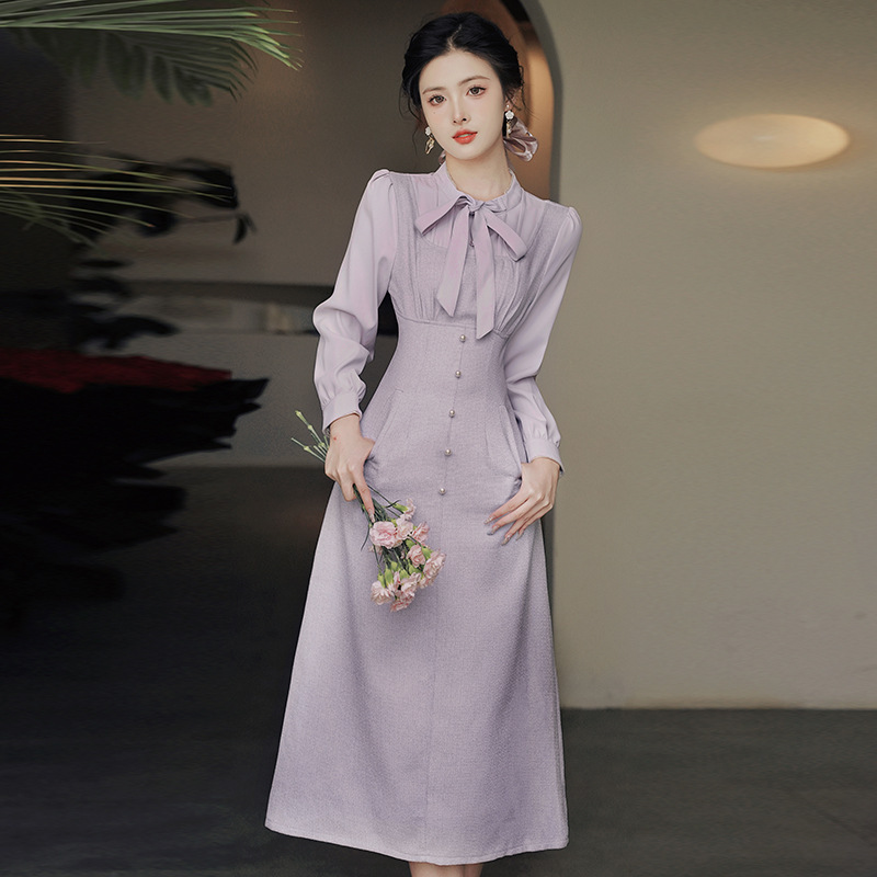 Spring and Autumn New lavender purple French fake two-piece dress spring bow gentle dress in stock wholesale Spring and Autumn New lavender purple French fake two-piece dress spring bow gentle dress in stock wholesale