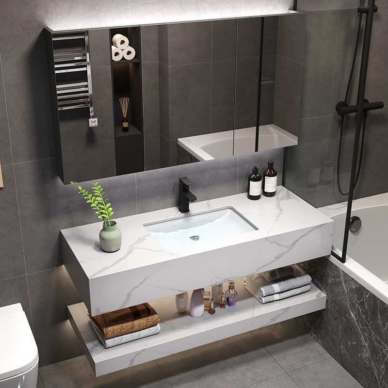 Gabinete de baño integrado moderno y simple de tabla de roca lavabo colgado de pared lavabo inteligente lavabo doble capa combinación de gabinete de lavabo