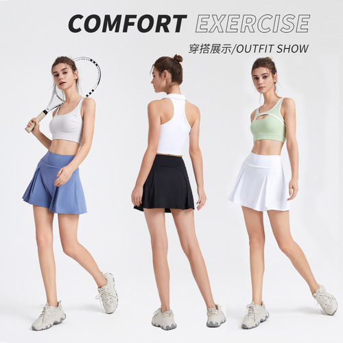 Spring and summer new cool sun protection pleated tennis skirt high waist slimming fake two piece anti-exposure yoga skirt with pockets on both sides