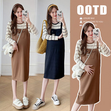 孕妇裙 2024新款孕妇装针织裙假两件中长款长袖条纹孕妇裙