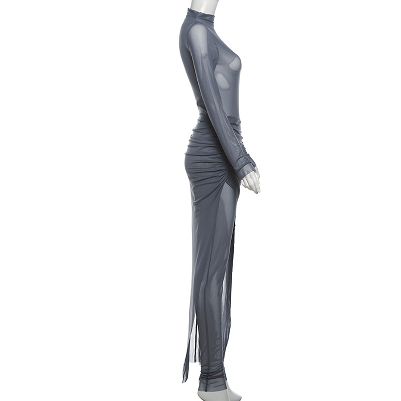 Fall Women Clothing Personality Round Neck Long Sleeve Slim Fit Slimming Jumpsuit Pleated Mid Length Skirt Set Women