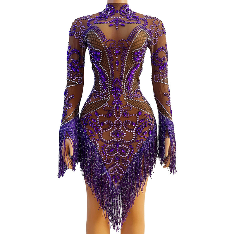 Romantic Purple Diamond Tassel Sexy Prom Dresses Indian Dress Party Wear Long Sleeve Performance