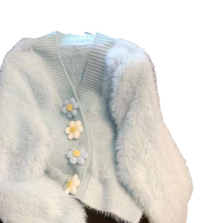 24 invierno Puyuan calidad dulce viento fresco dulce cardigan de cuello en V suelto camisa de estilo de mujer