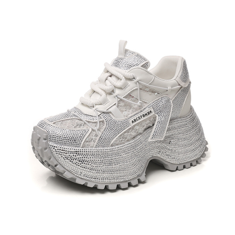 Giày sneaker nữ đế dày tăng chiều cao đính đá lưới thoáng mát — màu đen
