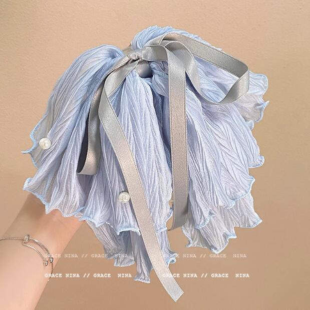 韓国海塩ブルーデイリーメッシュリボンリボンポニーテールクリップパール装飾高頭蓋固定ヘアピン女性用|undefined