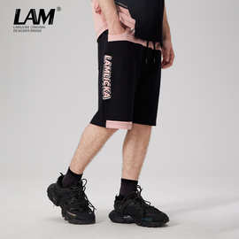 lamlicka夏季拼接撞色刺绣薄松紧短裤直筒卫裤男休闲五分裤子宽松