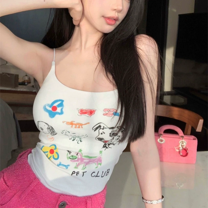 Женский топ-камизоль с мультяшным щенком, облегающий короткий топ с принтом, с открытой спиной и вырезом на животе, в стиле сладко-пикантный.