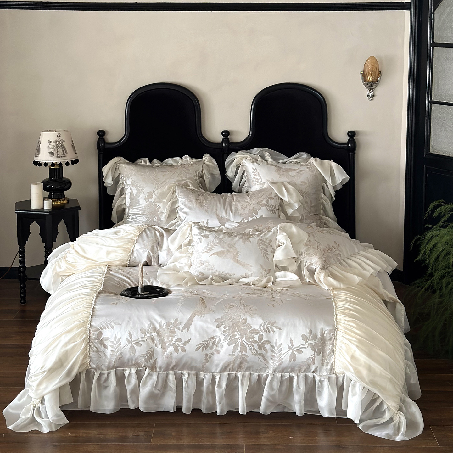 Nordic French Vintage Boho Luxury High-precision Jacquard Four-piece Set, Long-staple Cotton, French Chiffon Trim, Vintage Pure Cotton Duvet Cover,_voghion.com