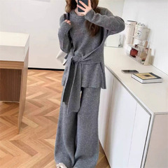 套装女秋冬季2025时尚洋气收腰显瘦系带上衣阔腿裤外贸针织两件套