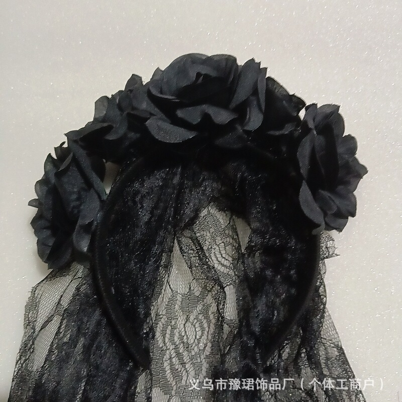メキシコダークスタイル女性の花ベールヘアアクセサリーハロウィン模擬菊ヘッドバンド黒ガーゼショールヘッドバンド|undefined