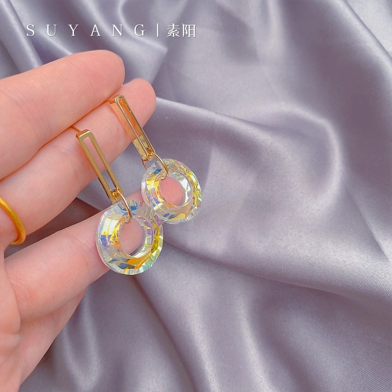 花色圆环水晶渐变色耳坠夏季小清新个性女高级感气质感平安扣耳环