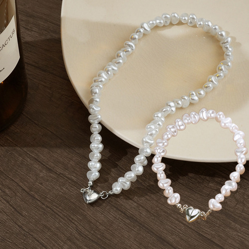French retro freshwater pearl magnet love bracelet fashionable temperament neck chain clavicle chain set necklace jewelry
