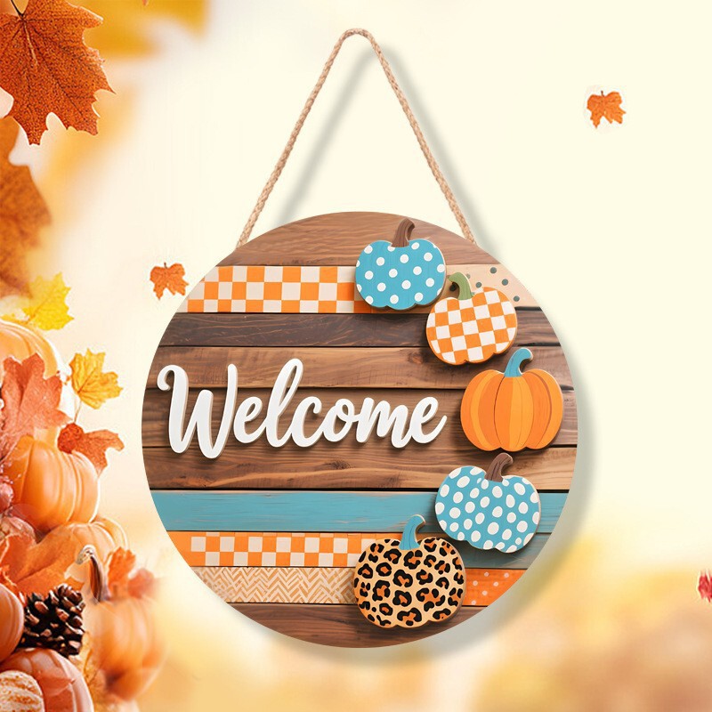 Popular Autumn Thanksgiving Ribbon Pumpkin Wreath Harvest Festival Yard Front Door Decoration Door Hanging Welcome Wooden Sign Door Hanging