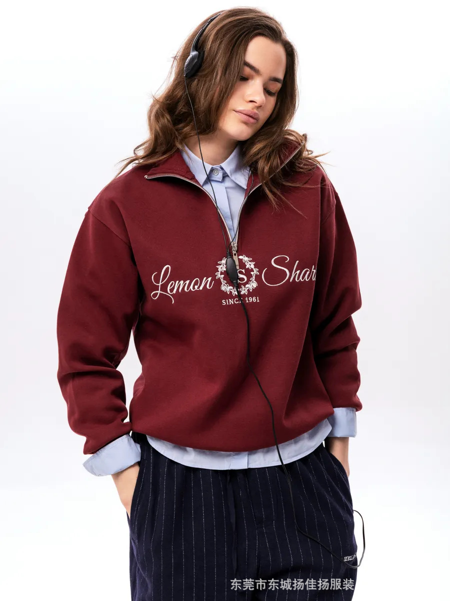 Autumn and Winter Versatile Stylish 2026 Fashion Letter Print Thickened Turn-Down Collar Half-Zip Sweatshirt with a Comfortable Artistic Design That Hides the Body Shape