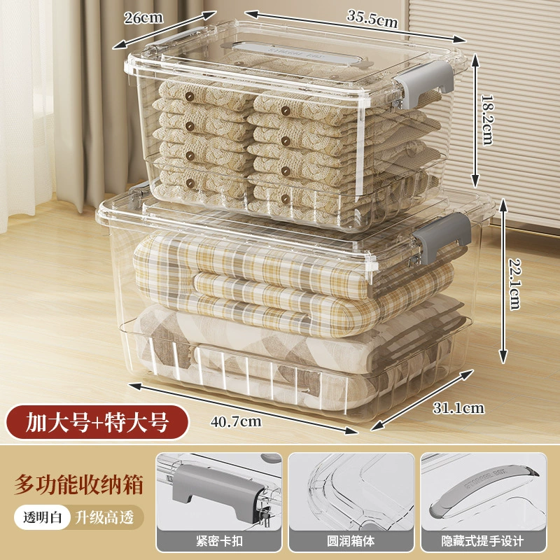 Transparent Storage Box, Thickened Plastic, Locking Handles, Multiple Sizes (Small–XL)