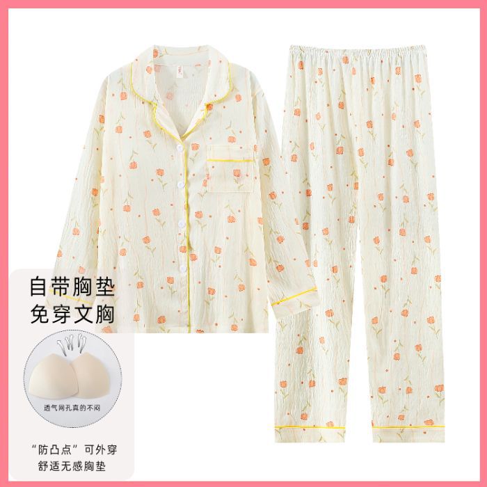 Nube de algodón pijama de primavera y otoño dulce dibujos animados con cojín de pecho cardigan de manga larga pantalones largos dos piezas de ropa de hogar