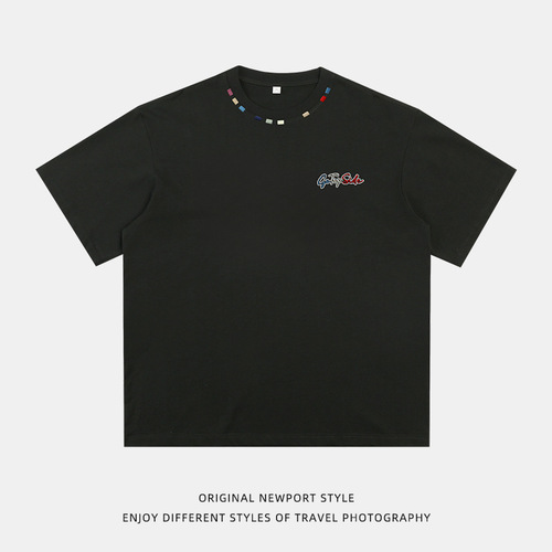 Colorful Letter Embroidered Short-Sleeve T-Shirt for Men - Summer Quality Loose American Casual Trend Brand Couple's T-Shirt