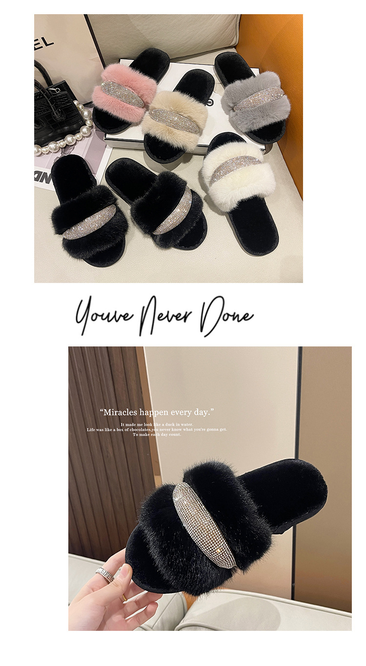 Pantofole piatte in cristallo di nuova pelliccia per il commercio estero con diamanti Moda donna alta e bassa in lana con apertura a una linea in cotone transfrontaliero_voghion.com