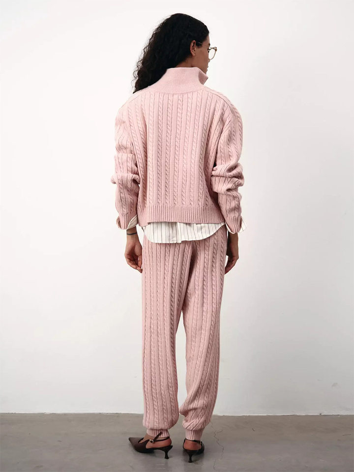 Bộ hai món nữ áo len cardigan cổ bẻ khóa kéo phối quần dài ống đứng, form rộng — Bộ hai mảnh áo len màu hồng, Bộ hai mảnh áo len màu sô cô la, Bộ hai mảnh áo len màu xanh ô liu, Bộ hai mảnh áo len màu xám chi tiết 37