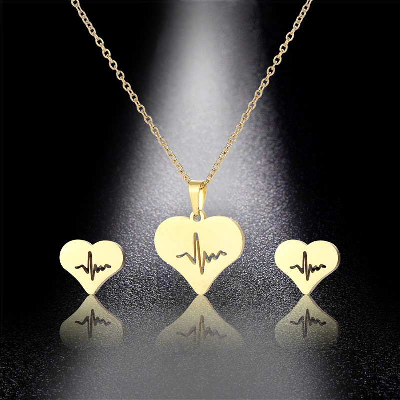 hollow ECG pendant earrings stainless steel heart-shaped jewelry three-piece set