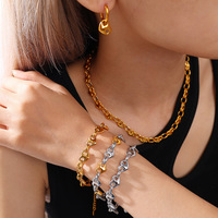 欧美跨境ins甜酷风创意爱心镂空耳环手链项链不锈钢间金色套装女