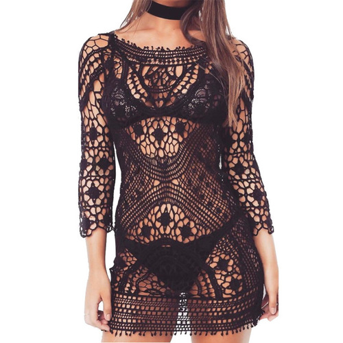 European and American Beach Resort Sun-Protective Clothing Sexy Hollow-Out Lace Crochet Backless Dress Bikini Cover-Up