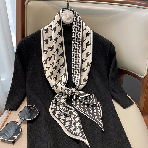  New Houndstooth Korean Style Fashion Printed Small Silk Scarf Women's Early Autumn Retro Decorative Small Scarf Headband Bundle